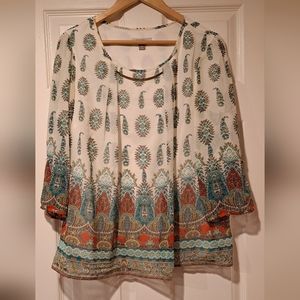 Roz & Ali XL 3/4 Sleeve Chiffon Boho Flowy Blouse Neckline Detail Ivory Pattern